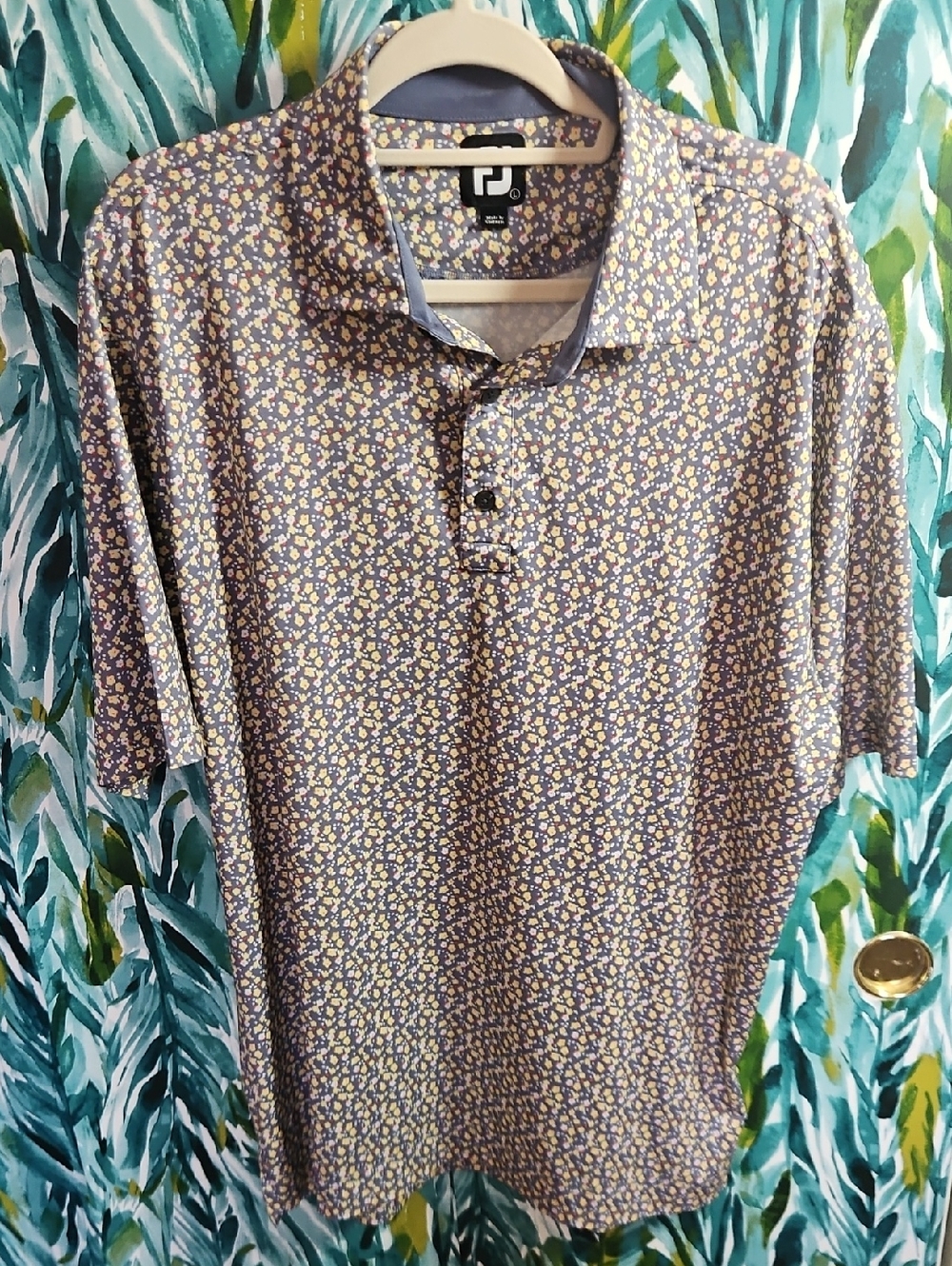FootJoy Men's Blue and Yellow Micro Floral Polo - Size L